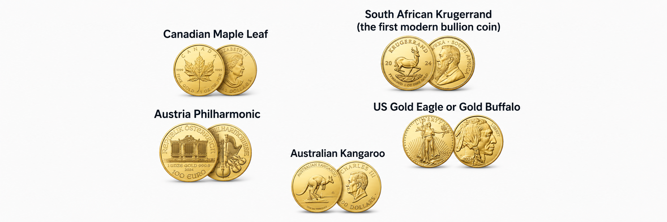 Popular gold bullion coins — South African Krugerrand, Canadian Maple Leaf, Austrian Philharmonic, Australian Kangaroo, US Gold Eagle and Gold Buffalo